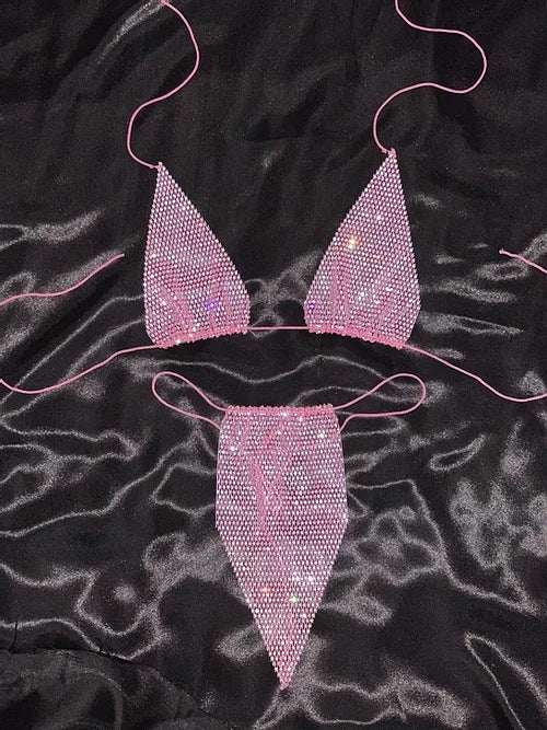 Sheer mesh bikini with rhinestones - full set view