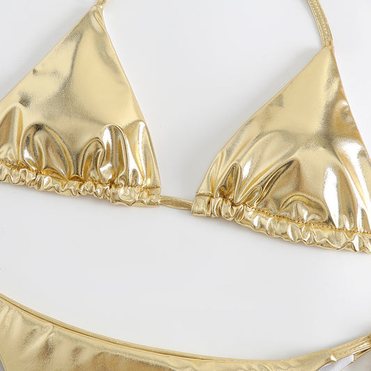 Image 1: Metallic lace-up bikini - front view showing shimmer finish