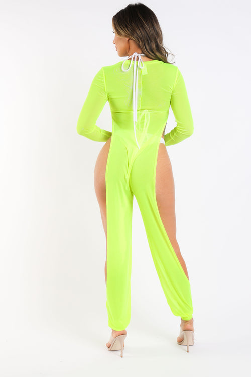 Sheer mesh jumpsuit back view, neon yellow bodycon, summer pool wear
