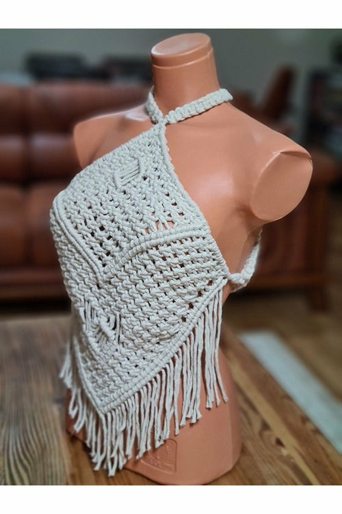 Handmade macrame crop top in white cotton, intricate woven pattern, boho festival wear