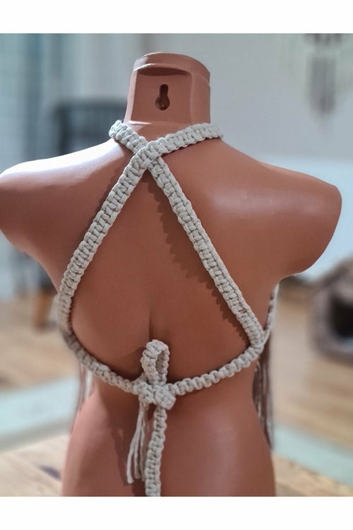 Woven Sun macrame top back view, handcrafted artisan details, sustainable cotton