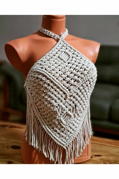 Macrame festival top side view, boho style crop top with intricate knotwork
