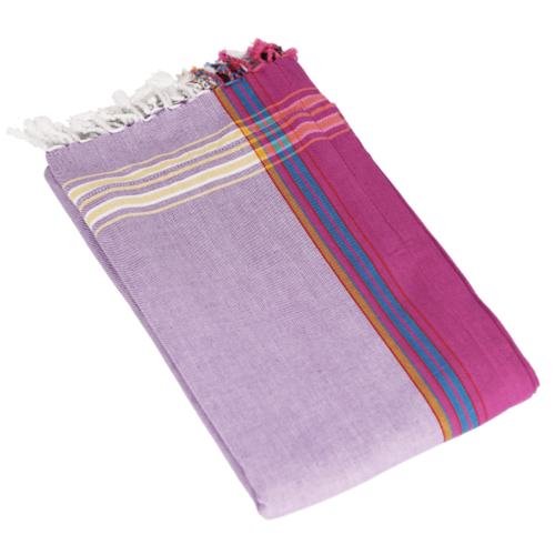 Cotton beach sarong with vibrant stripes, artisan hand-woven fabric, sunset colors
