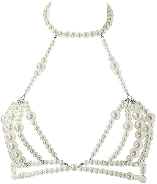 Pearl body chain draped across chest, adjustable goddess-inspired jewelry, ethereal statement piece for festivals and intimate wear