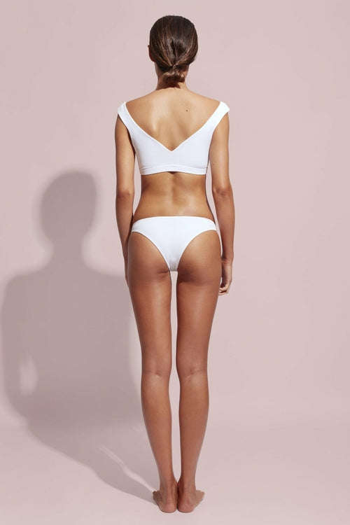 Snow Glow white bikini bottom back view, cheeky coverage, double-lined support